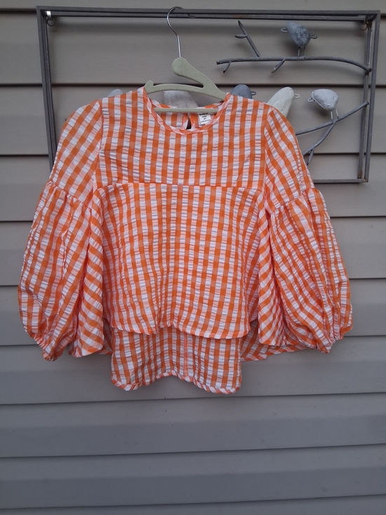 SHEIN Other - Orange and White Gingham Puff-Sleeve Blouse